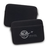 A black laptop sleeve featuring a logo on one side, designed to protect devices.