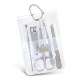 A vinyl manicure set containing silver tools, including scissors, clippers, and a file, packaged in a clear holder.
