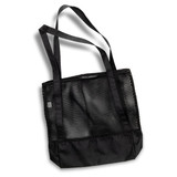 A black sports tote bag with mesh sides and fabric bottom, featuring long shoulder straps and a logo.