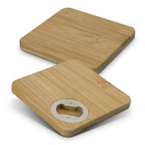 A drink bottle opener coaster set of 2, featuring square bamboo coasters with a metal bottle opener.