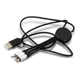 A braided charging cable with a black USB connector and dual charging ends in silver for multiple devices.