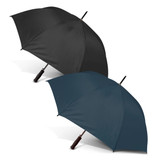 Two umbrellas, one in black and one in dark teal, featuring a curved handle and a branding logo.