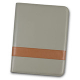 A grey portfolio with a brown leather accent, featuring a smooth finish and a logo on the front.