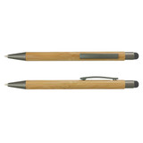 A bamboo stylus pen in natural wood with silver accents and a black rubber tip, featuring a clip and a branding element.