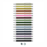 A collection of metal pens in various colours, featuring silver accents and a logo on each pen.