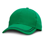 A green cap with a curved brim and contrasting black stripes, featuring a logo on the front.