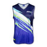 A men's performance singlet in blue with vibrant graphics and a branded logo.