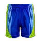 Custom women's sports shorts in blue and green with a logo and vertical stripe design.