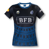 A women's performance rugby t-shirt in black and blue, featuring a logo and unique patterned design.