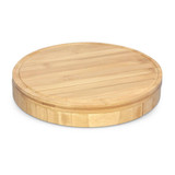 A round bamboo cheese board with a smooth surface and a textured edge, featuring a simple design.