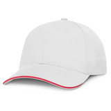 A white cap with a red accent on the brim, designed for headwear promotions.
