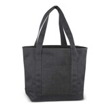 A dark gray tote bag with sturdy handles and a side pocket.