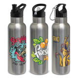 A drink bottle featuring a stainless steel finish, with various colourful designs and a black lid and spout.