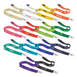 A variety of cotton lanyards in different colours, featuring logos and clips for securing items.