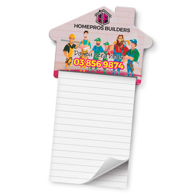A magnetic memo pad shaped like a house, featuring a colourful graphic and lined pages for notes.