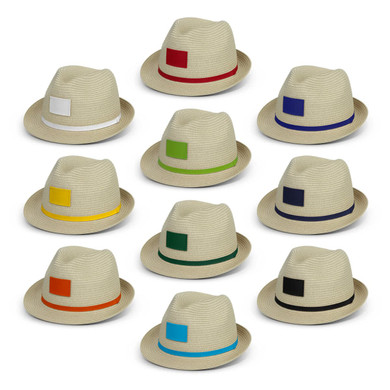A collection of beige fedora hats with various coloured bands, including green, blue, orange, and yellow, displayed in rows.