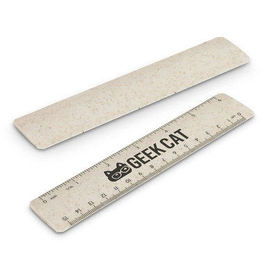 A 15cm ruler in a beige colour with a logo. Featured is a straight edge for measuring.