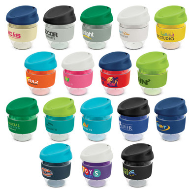 A collection of Nova Cups in various colours, featuring a range of designs and a logo on each cup.