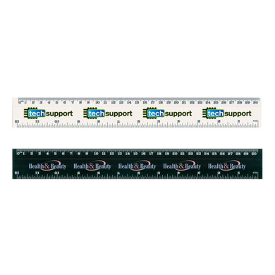 A white and black flip ruler featuring tech support and health & beauty branding in multi-coloured text.