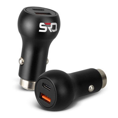 A black USB car charger featuring two ports. The design includes a logo and a rounded shape for easy handling.