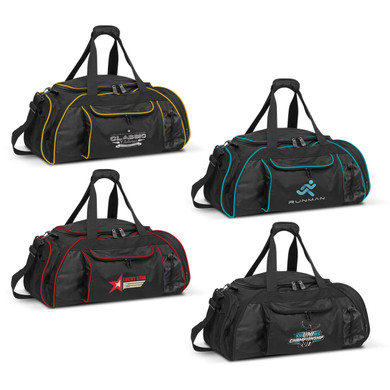 Four Horizon Duffle Bags in black with colourful accents - yellow, teal, red, and blue - featuring various logos.