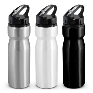 A drink bottle collection featuring three colors: silver, white, and black. Each bottle has a flip cap for easy access.