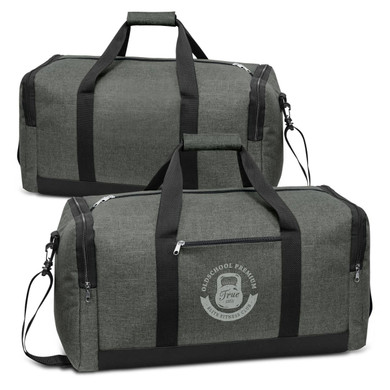 A green duffle bag featuring a logo, with black straps and zippers, designed for various uses.