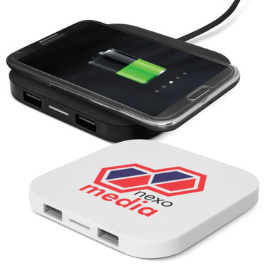 A wireless charging hub in black and white, featuring two USB ports, with a smartphone displaying charging status.