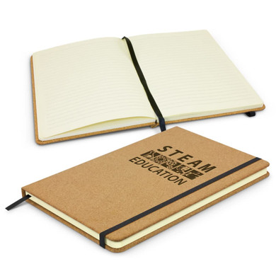 A Somerset cork notebook with a brown cover, featuring lined pages and a black elastic band closure.