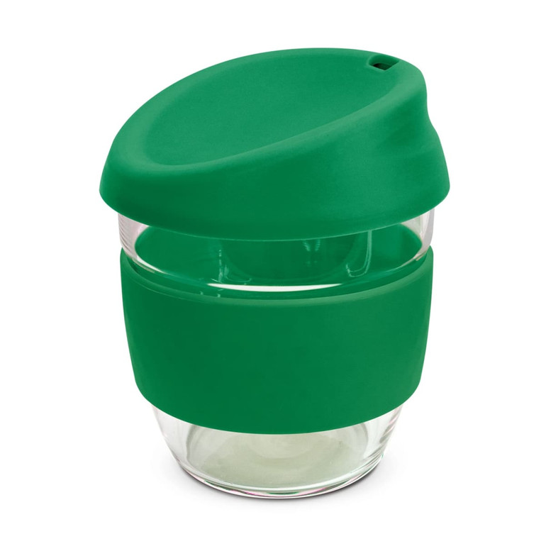 A drink bottle with a transparent borosilicate glass body, featuring a green silicone lid and sleeve.