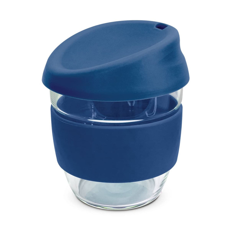 A drink bottle made of clear borosilicate glass with a navy silicone grip and lid. It has a sleek design.