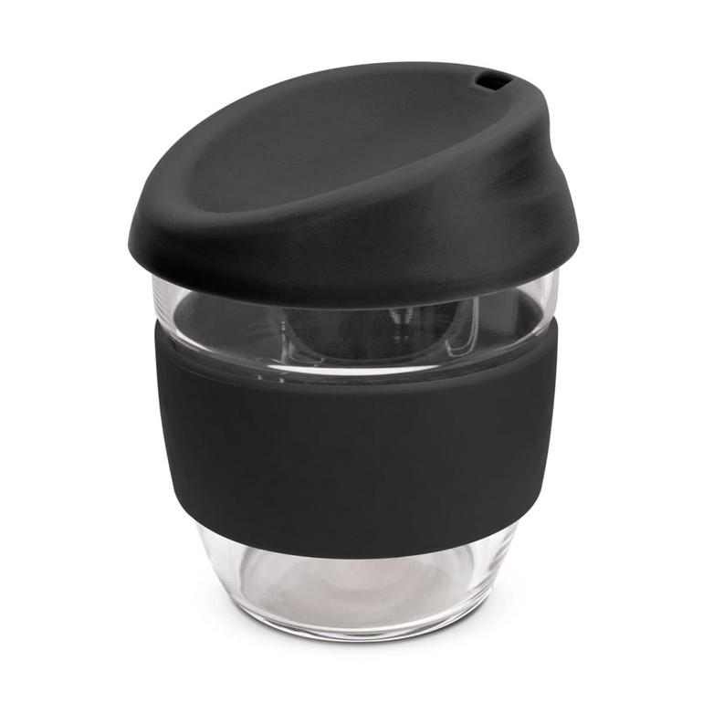 A drink bottle made of clear borosilicate glass with a black silicone lid and sleeve, featuring a branding logo.