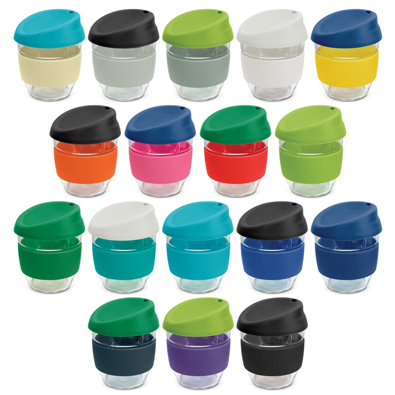 A drink bottle collection featuring various colours, including grey, green, orange, and purple, with clear borosilicate glass.