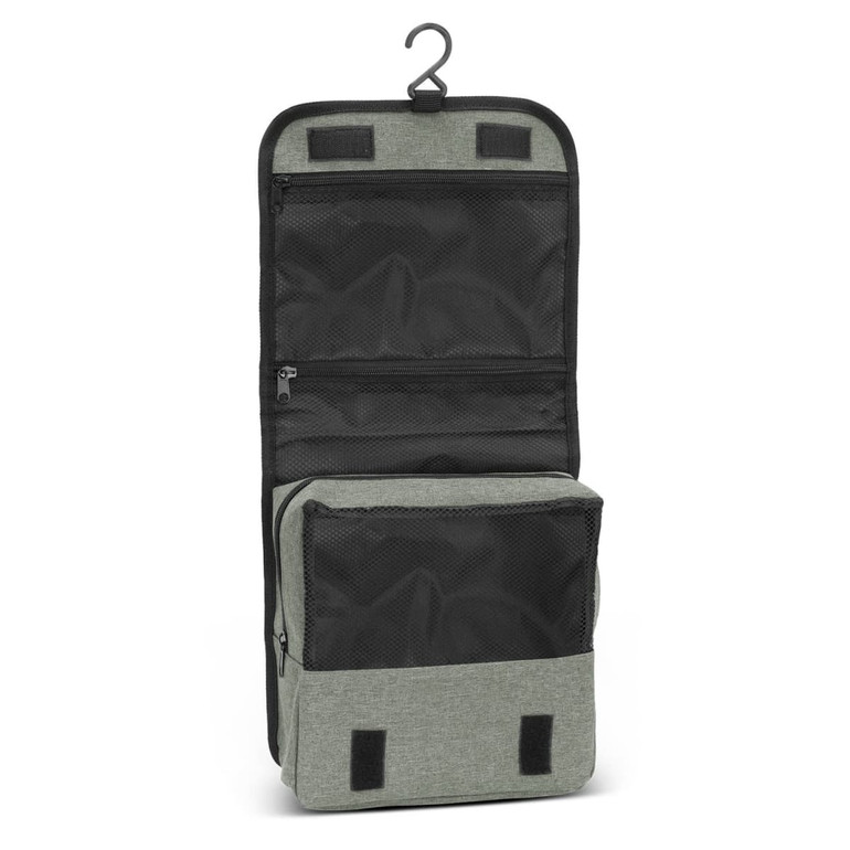 A green toiletry bag with a hanging hook, featuring multiple mesh pockets and a zippered compartment.