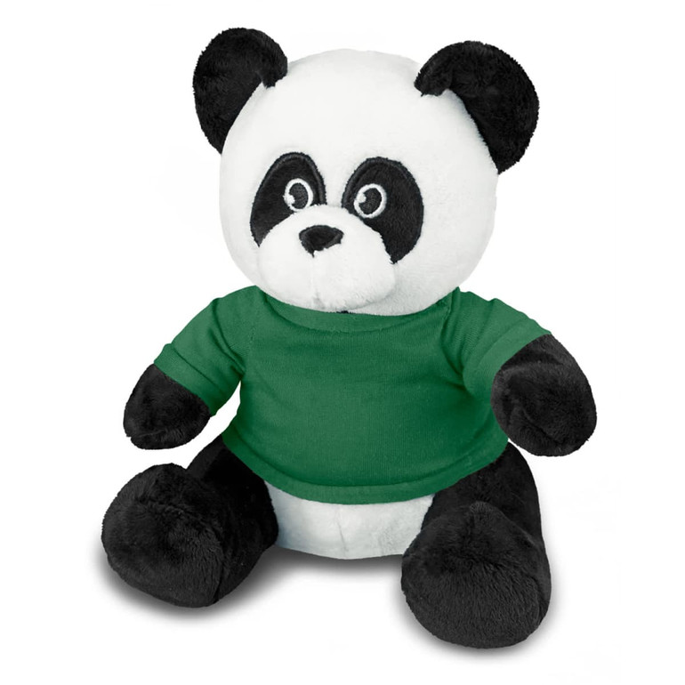 A panda plush toy with black and white fur, wearing a green shirt, seated upright. It has a friendly expression.