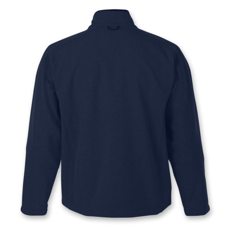 A navy softshell jacket featuring a high collar and a logo on the back.