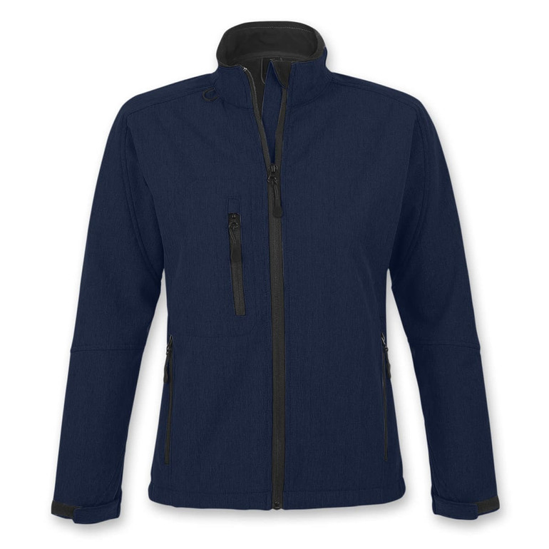 A navy softshell jacket with a high collar and multiple zip pockets, featuring a logo on the sleeve.