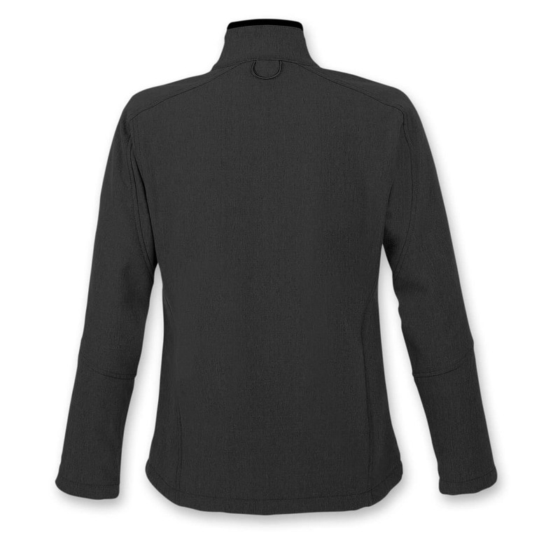 A softshell jacket in black, featuring a high collar and long sleeves, with a subtle textured finish.