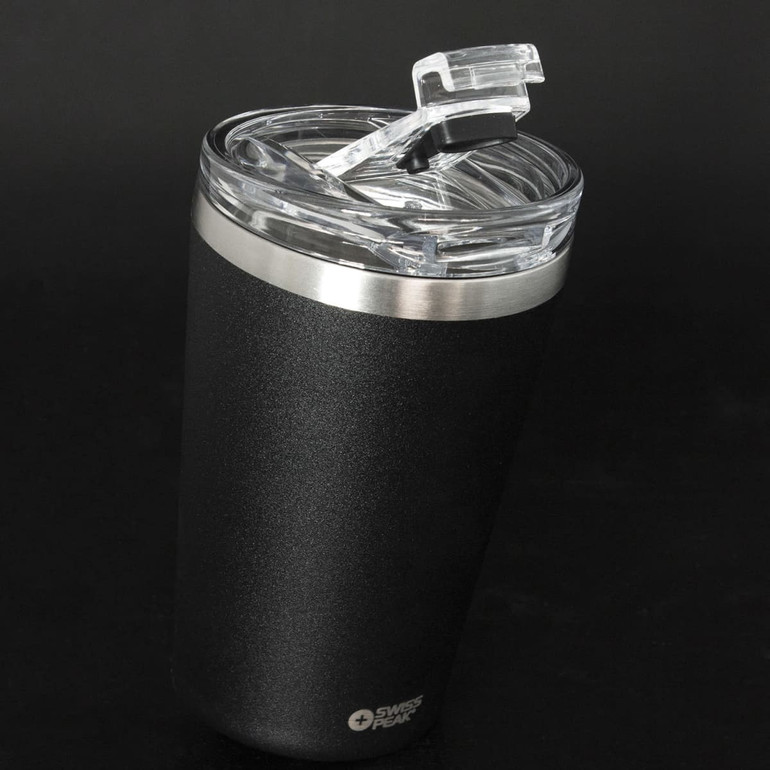 A drink bottle featuring a sleek black finish with a silver band and a clear lid. It has a logo on the front.