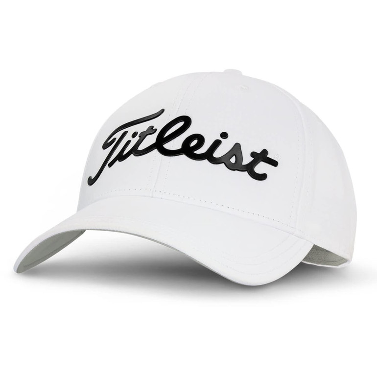 A white golf cap featuring a branded logo on the front, designed for performance and style.