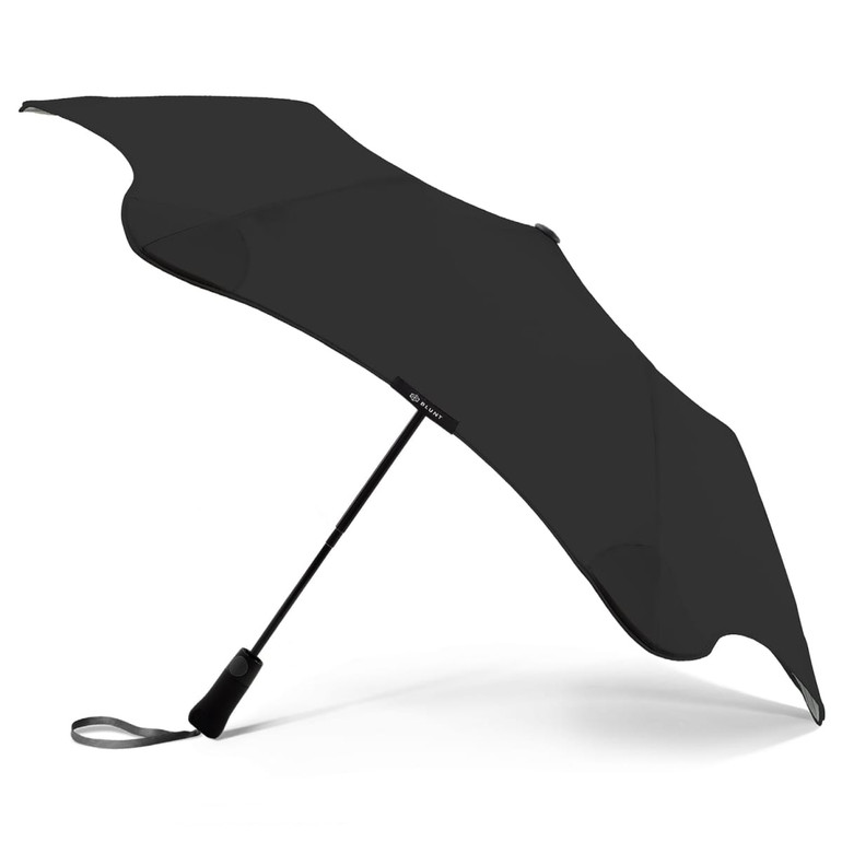 A black umbrella with a sleek design and a logo on the handle, featuring a unique shape.