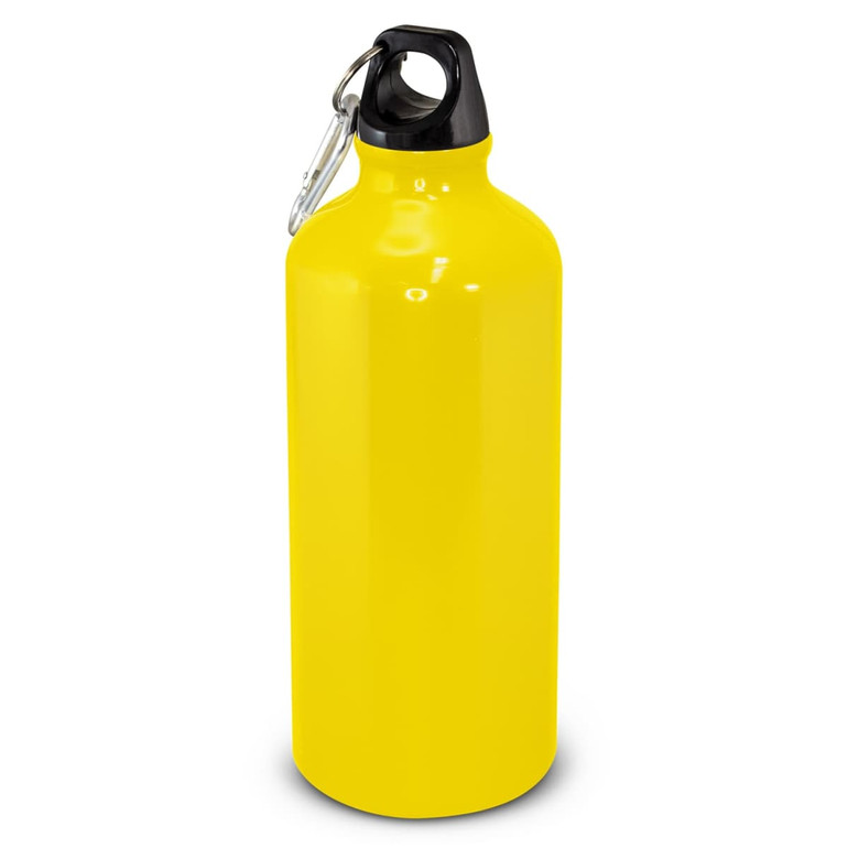 A drink bottle in bright yellow with a black top and a carabiner attachment. It has a logo.