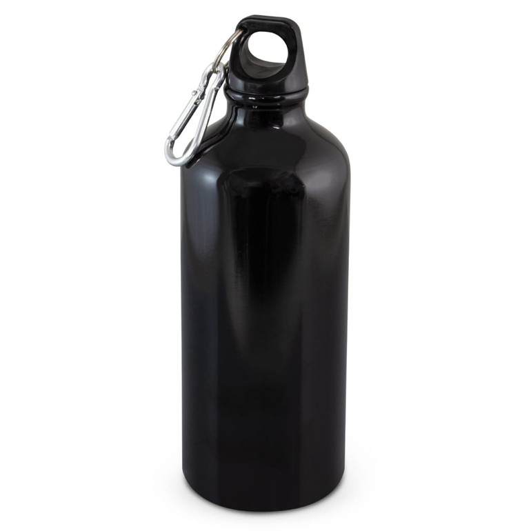 A drink bottle in glossy black, featuring a detachable clip for easy carrying. It has a smooth, rounded shape.