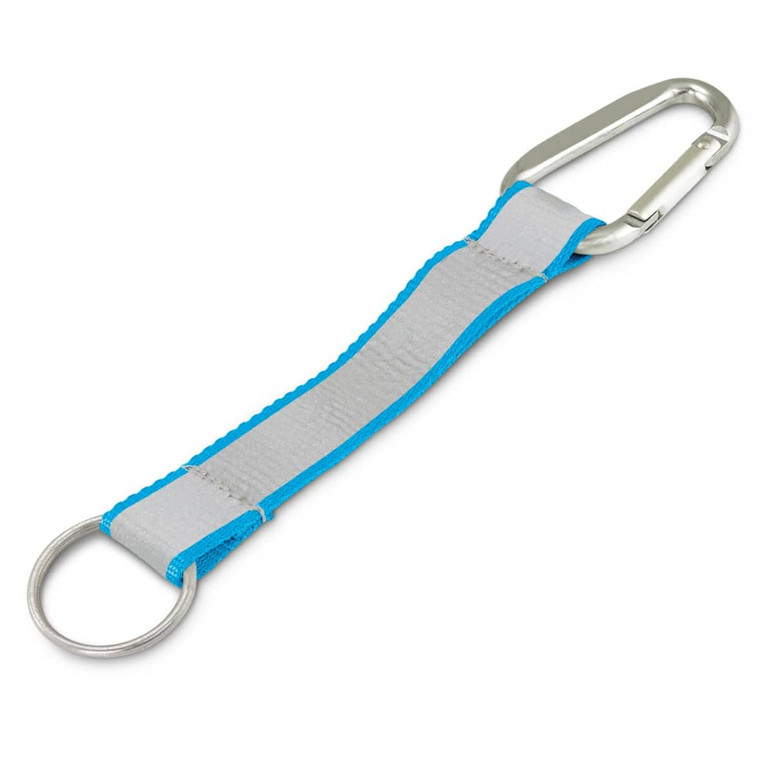 A reflector key ring featuring a silver carabiner, a grey strap, and blue trimming.