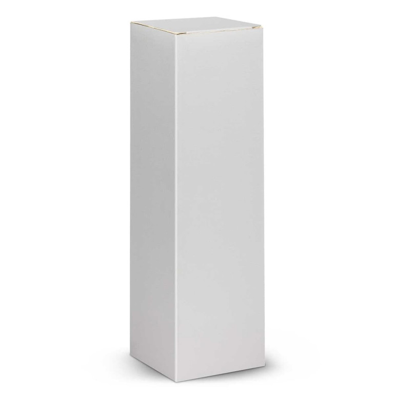 A tall white box with a flat top, featuring a simple design and no visible branding.