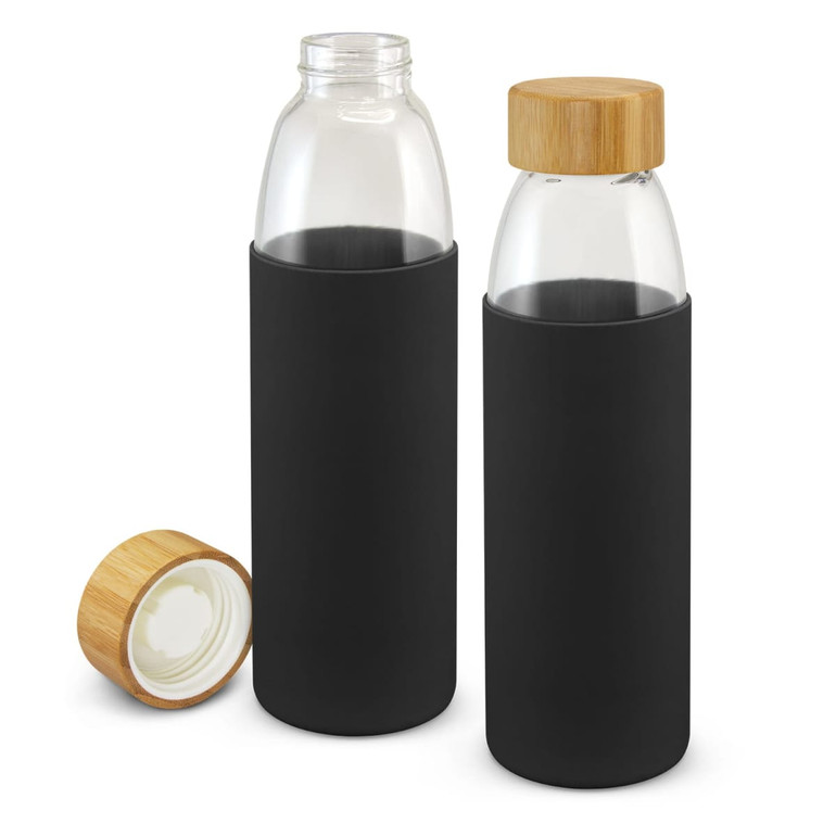A drink bottle featuring a black silicone sleeve, a glass body, and a wooden lid, with one lid displayed separately.