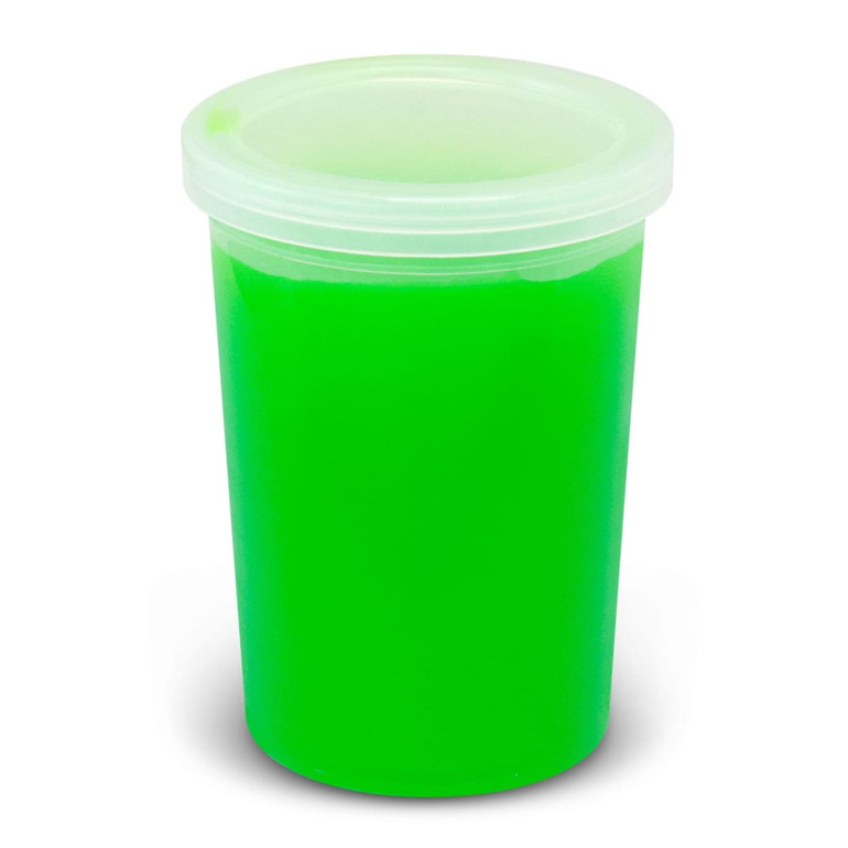 A clear container holding vibrant green stress slime, with a lid on top. The product features a simple design.