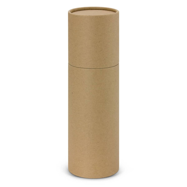 A drink bottle in a cylindrical, eco-friendly brown cardboard packaging with a simple design and no visible branding.