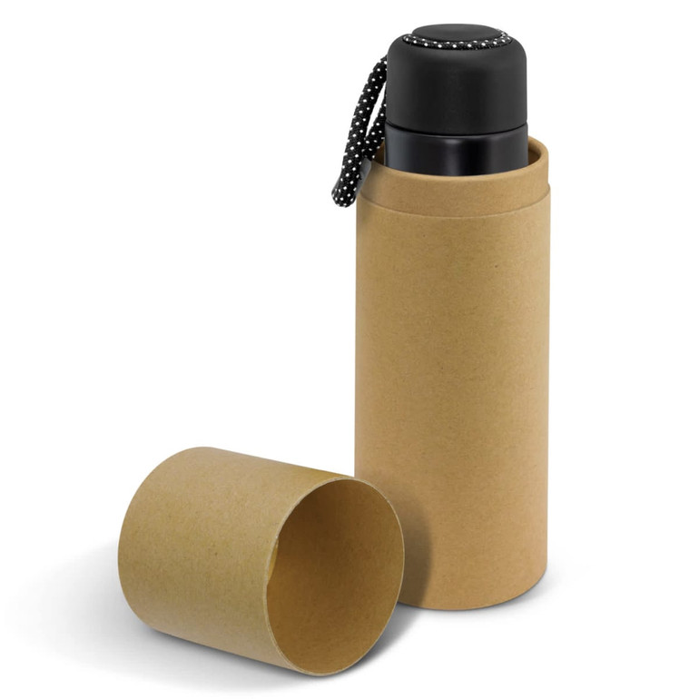 A drink bottle in black with a textured exterior, displayed inside a cylindrical brown packaging.