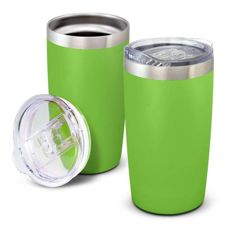 A drink bottle set featuring two bright green vacuum cups with stainless steel accents and transparent lids.